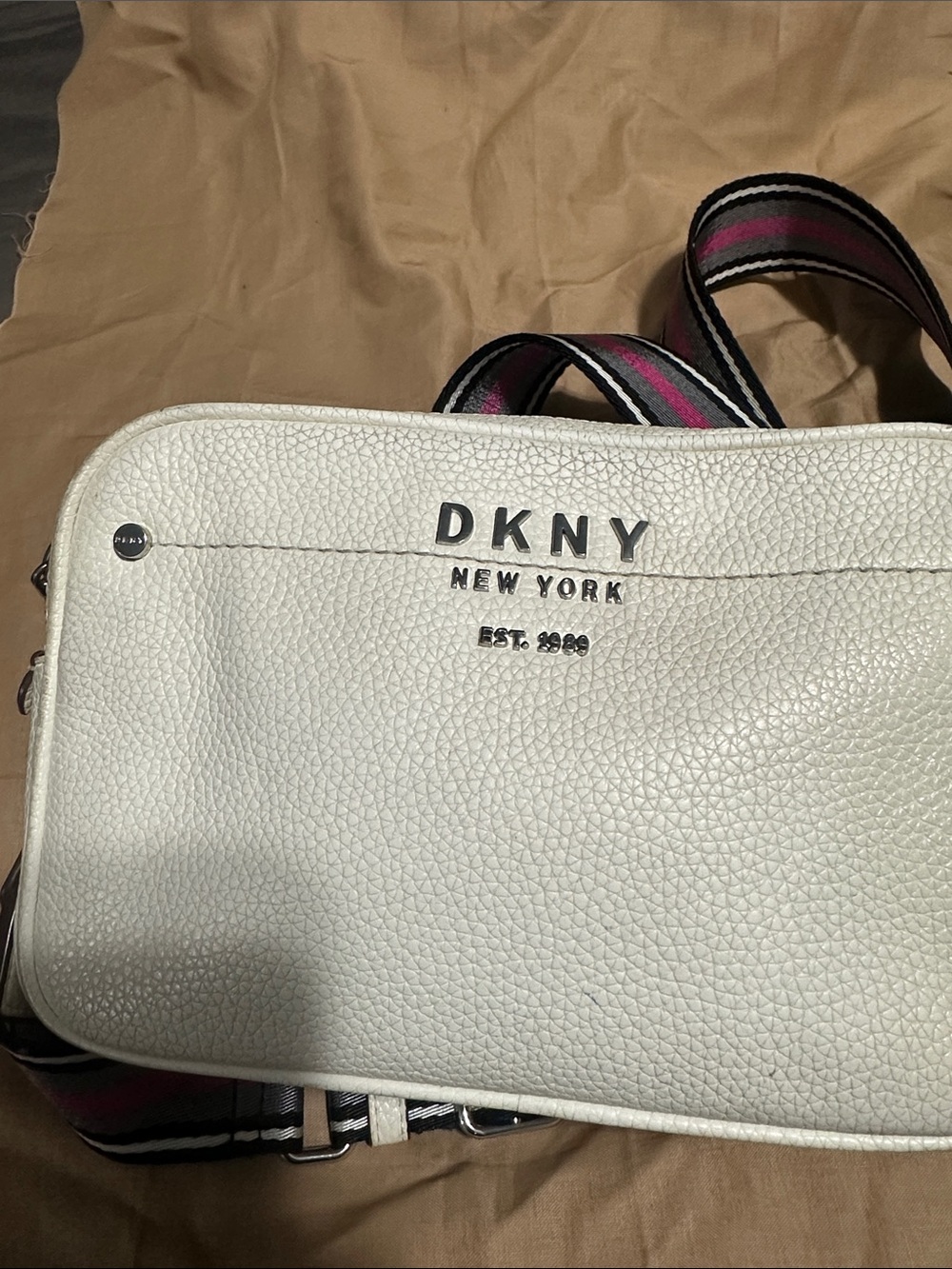 DKNY White Pebbled Leather Crossbody with Pink & Black Striped Strap